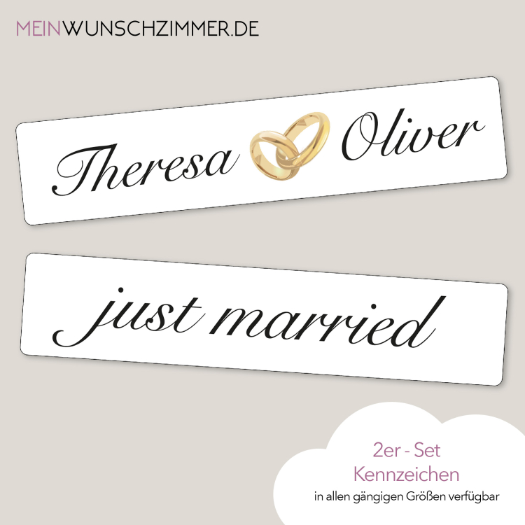Hochzeit Kennzeichen mit goldene Ringe und just married (in verschiedenen Größen)